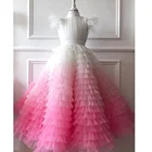 Розовые кружевные платья с бусинами и цветами для девочек, тюлевые платья с прозрачным вырезом для торжественного причастия
