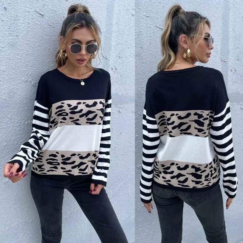 

2021 fall women’s loose round neck black and white leopard sweater woman