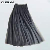 ouslee 4 colors mesh tulle skirts women elastic high waist tutu skirt female spring fashion girls sweet lace pleated midi skirts