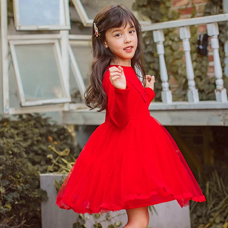 

Christmas Baby Girls Clothing Red Long Sleeves Lace Princess Dress Wedding Party Gown Children Pageant Tulle Costume