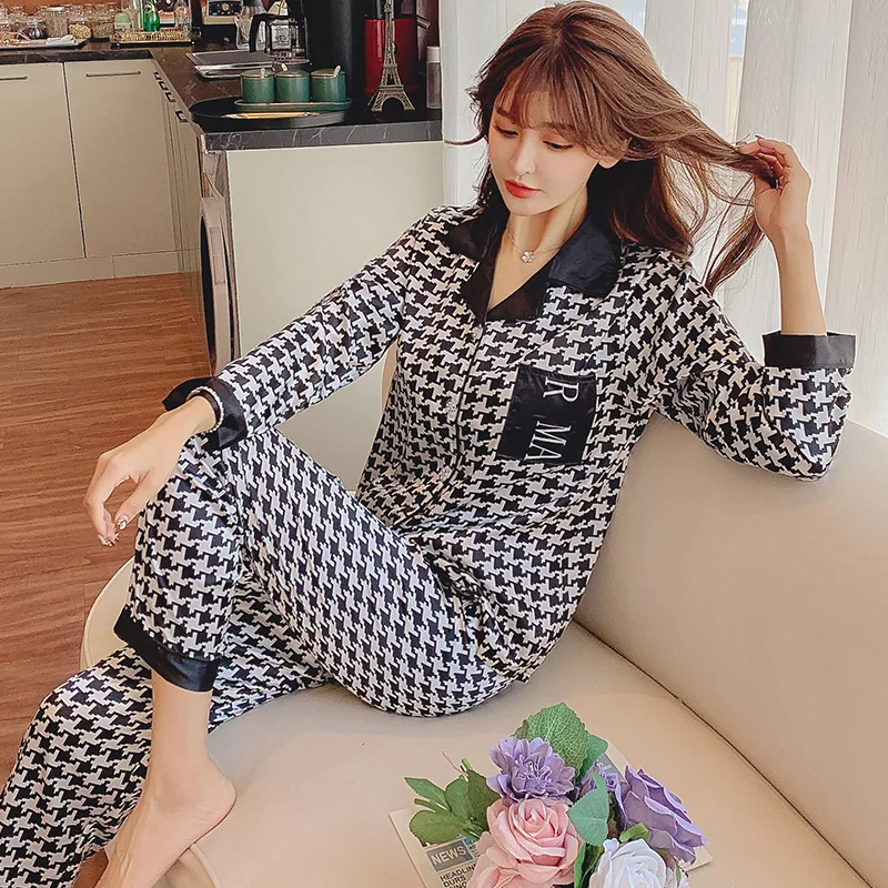 Korean Ins Style Pajamas Womens Spring and Autumn Long Sleeve Ice Thin Internet Celebrity Houndstooth Summer Silk