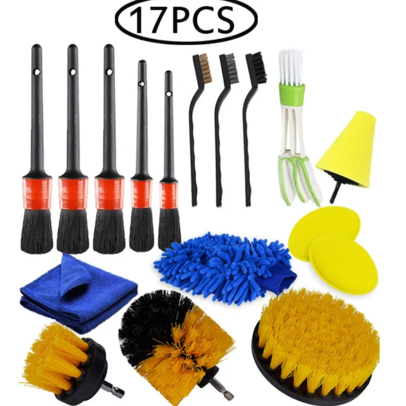 

17pcs Detailing Brush Set Car Cleaning Brushes Power Scrubber Drill Brush Auto Leather Air Vents Rim Dirt Dust Clean Tools