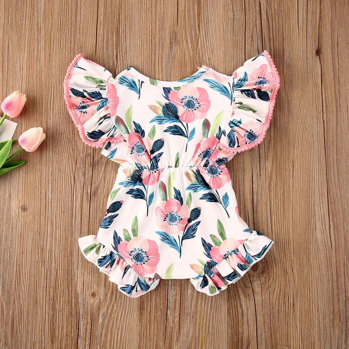 

Newborn Baby Girls Floral Print Fly Sleeve Ruffle Bodysuit Jumpsuit Outfits