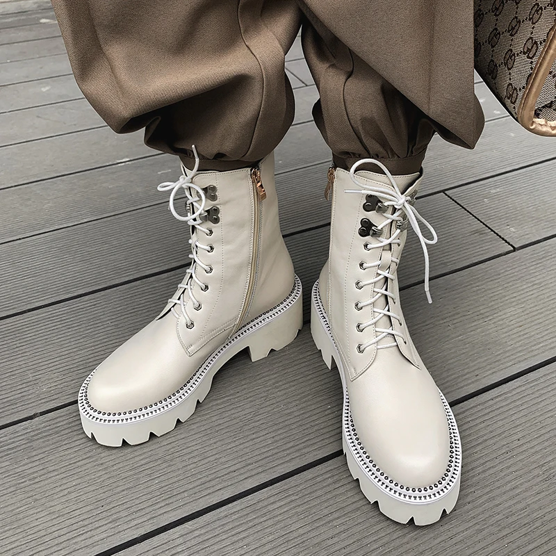 

Winter Platform Chunky Heels Shoes short boots Woman Cow Leather Cross Tied Ankle Boots New Arrival Office Lady Working Boots