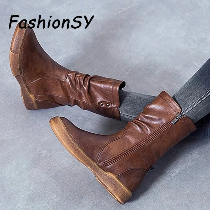 Женские ботинки до середины икры кожаная женская обувь на молнии Осень-зима