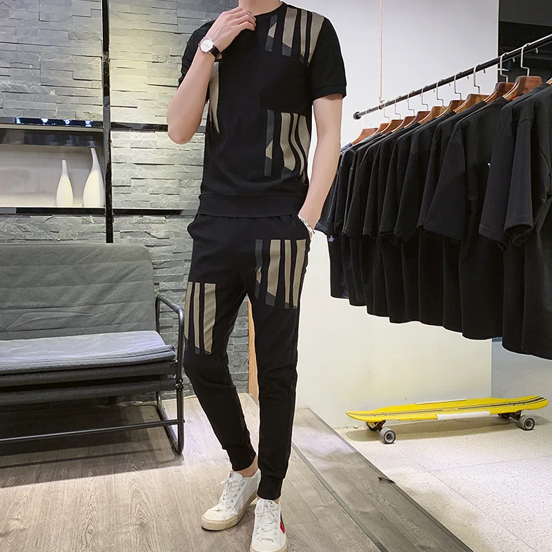 

Summer new men's casual sports suit youth spirit male printing short-sleeved T-shirt trousers trendy sweatshirt suit M