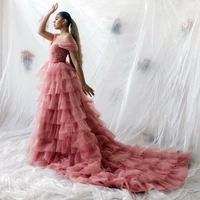 uzn blush pink prom dress sweetheart ruffles tiered pleated tulle prom gown off the shoulder lace up party dress with long train
