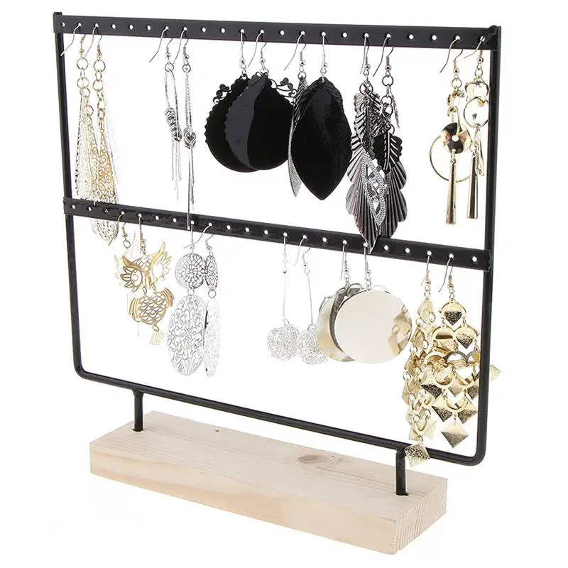 

2x Wood 44 Holes Earrings Organizer Holder Necklaces Rack 2 Layers Jewelry Display Stand(White&Black)