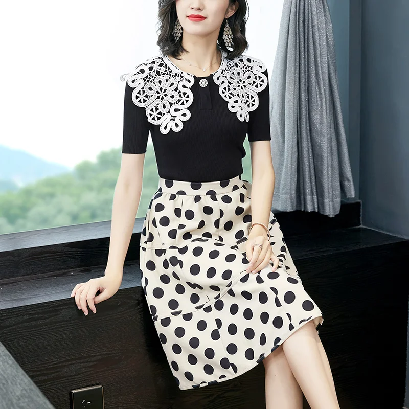 

Banulin Summer Women's Lace Beading Collar Knitting Pullover Button Lace up Tops and Dot Print Midi Skirt Set 2 Pieces Set Suit