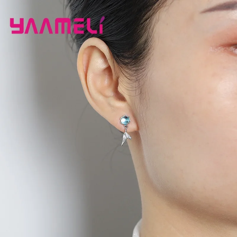 

Fashion Trendy 925 Sterling Silver Mermaid Tail Stud Earrings For Women Girl AAA Cubic Zirconia Blue Crystal Party Jewlery