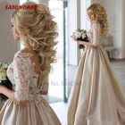 Винтажное свадебное платье-трапеция с длинным рукавом, атласное кружевное платье цвета шампанского, свадебное платье, свадебное платье, платья онлайн, изготовление на заказ