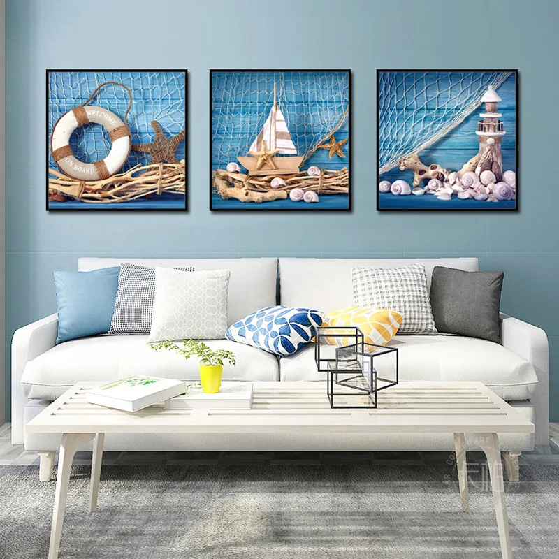 

HD Wall Decor Seascape Canvas Painting Mediterranean Style Marine Pendant Decorative Poster Children's Room Decor