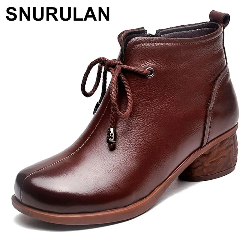 

SNURULAN2021 Leather Women's Boots Winter Black Plus Velvet Thick Warm Women's Shoes Thick Med Heel Ankle Boots Women Size 40