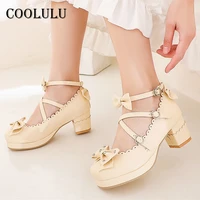 coolulu lolita shoes women ankle strap high heels buckle block heel dress pumps rivet bow female footwear cospaly spring size 48