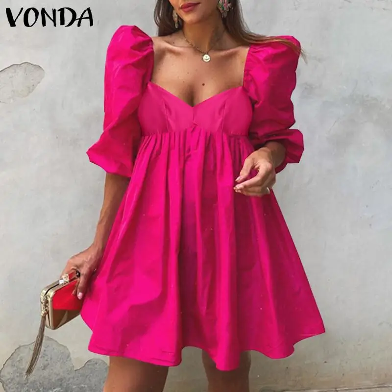 

Women Short Party Dress 2021 VONDA Bohemian Dress Sexy Puff Sleeve V Neck Pleated Zipper Vestido Summer Beach Sundress Oversized