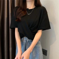 black short sleeve new cross cropped tops casual summer blusas mujer de moda 221 white blue gray t shirts pink plus size tees
