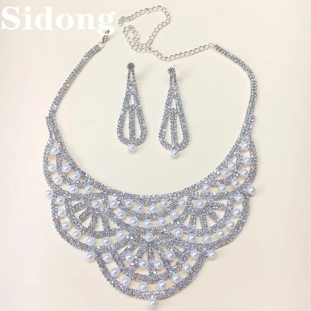 

Fashionable new style exaggerated necklace pearl crystal necklace Bridal Wedding Party Gift Necklace Set