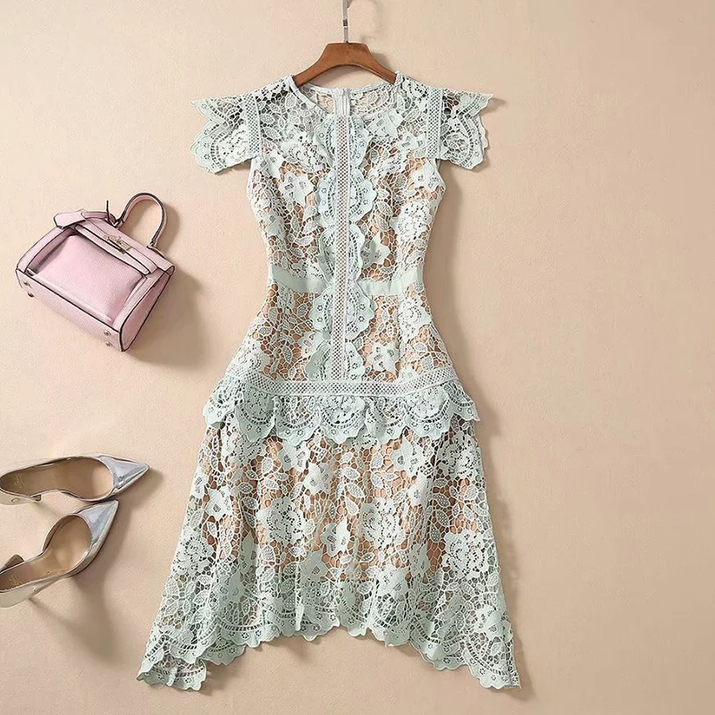 

High Quality Newest Paris Vogue Pop Designer Dress Women's Ruffle Guipure Lace Dress