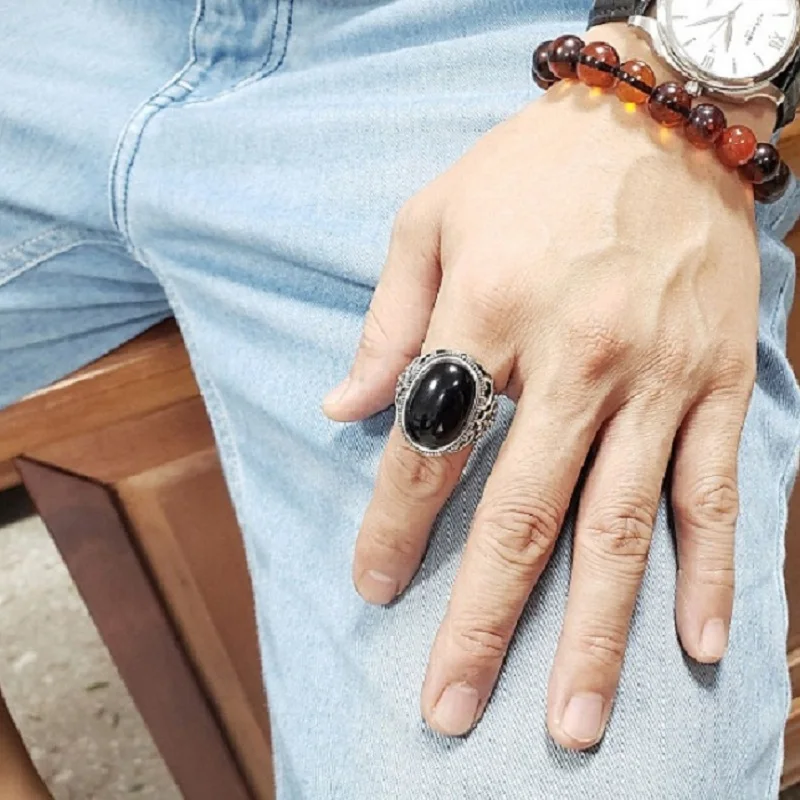 

Ring For Men S925 Real Sterling Silver Natural Black Onyx Stone Carved Vintage Retro Cool Fashion Jewelry Thai Silver Ring