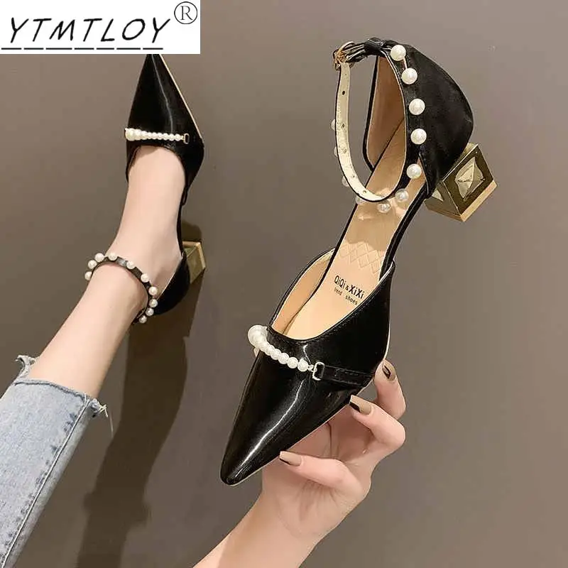 

Сандалии-тапочки, Новинка лета 2022, остроносые туфли на толстом каблуке с жемчугом, женская обувь на весну и лето