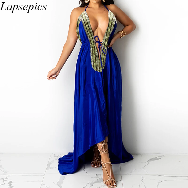 

Halter Deep V Neck Backless Maxi Dress Summer Evening Party Elegant Dress Vestidos