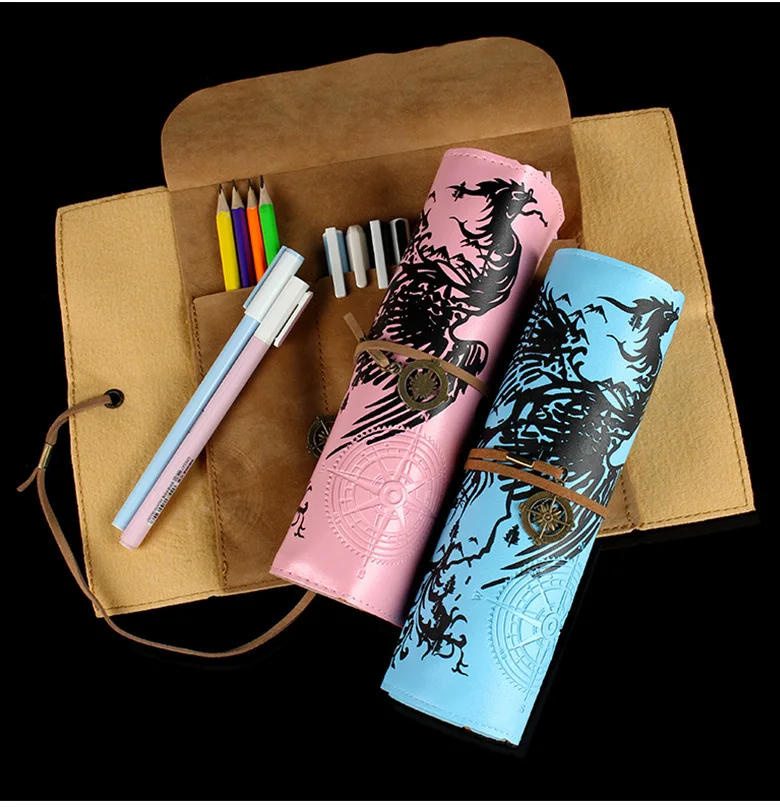 

Retro Colored Phoenix Roll Pencil Case for Girls Boys PU Leather Purse Pouch Makeup Pencilcase Cosmetic Kawaii Bag Stationery