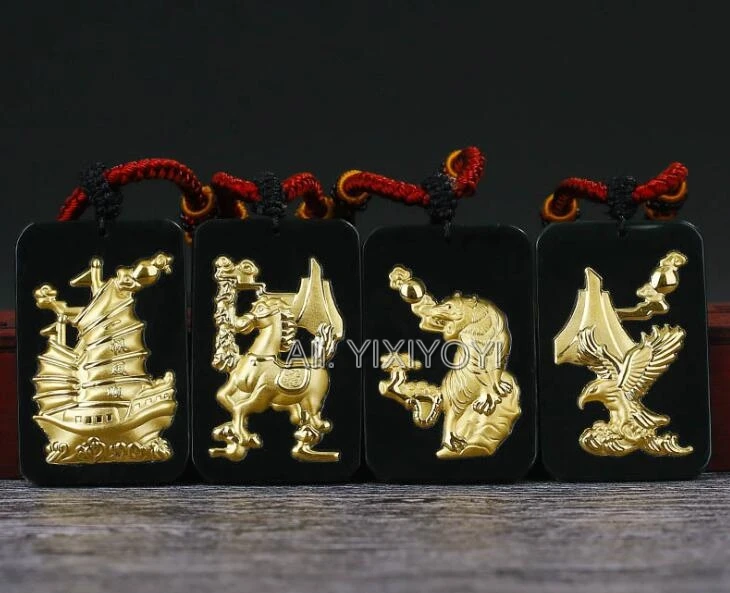 Натуральный темно зеленый нефрит + твердый Золотой Китайский Гладкий Кулон