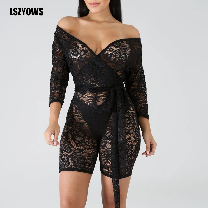 

Summer Black Lace Jumpsuits Sexy V-Neck Hollow See Through Women Playsuit Bodycon Romper Overalls Female Party Night Club Outfit