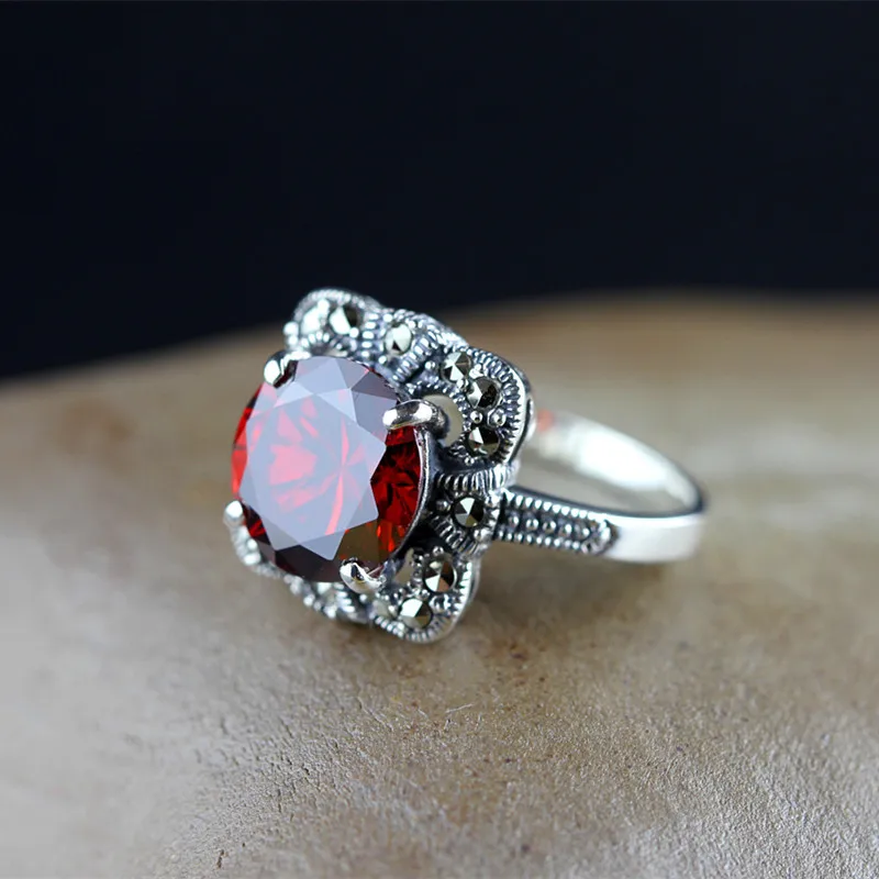 Подлинное Твердое Серебро 925 пробы винтажные Ретро Кольца для женщин гранат