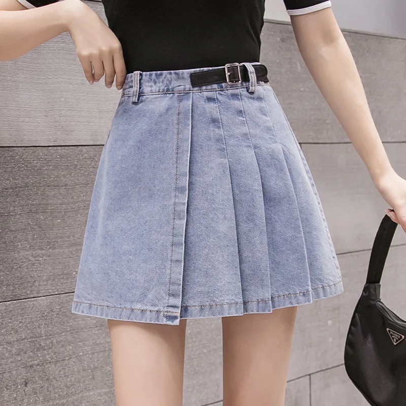 

High waist slim denim skirt a-line skirt wild bag hip short skirt pleated skirt female belt denim mini skirt saia jeans feminina