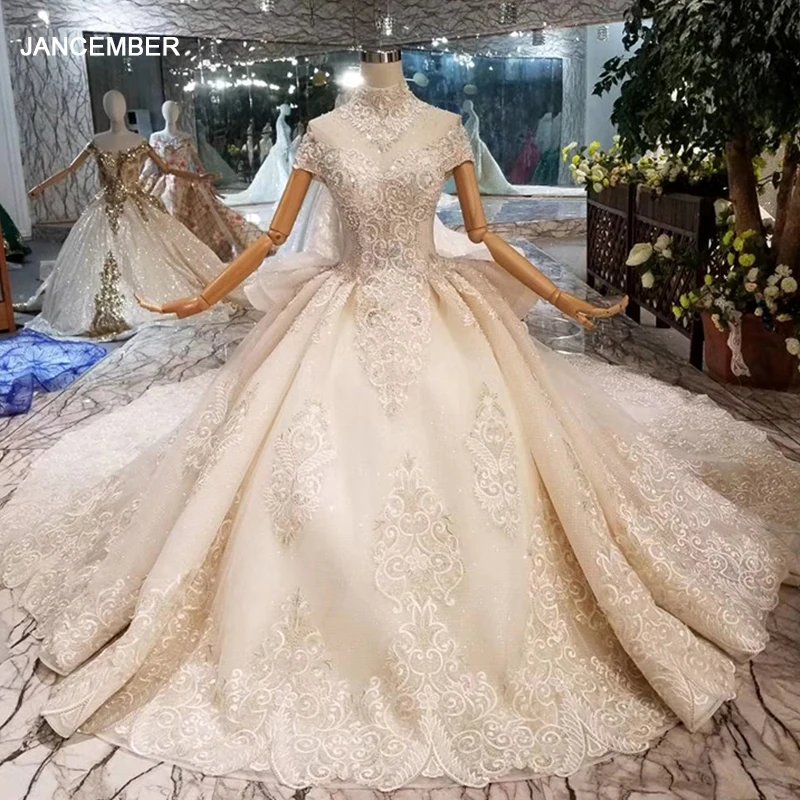 Свадебные платья HTL089 с гофрированными рукавами и вуалью высоким воротом