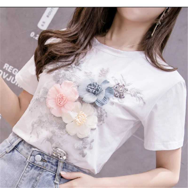 

Summer Embroidery 3D Three Little Flowers T-shirt + Denim Shorts Set Retro Beaded Shorts Set Ladies 2-Piece Set