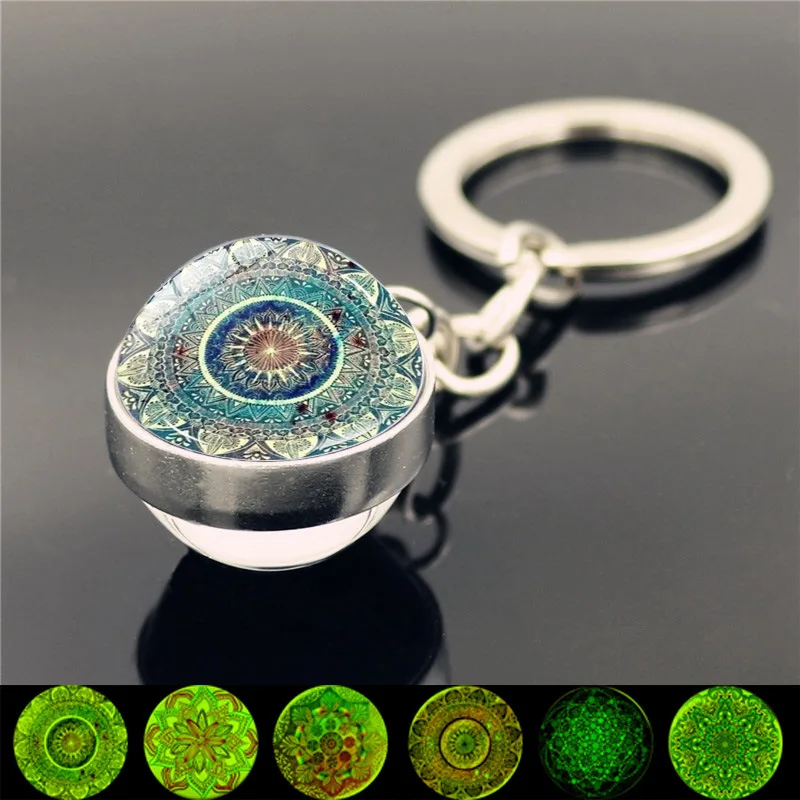 

WG 1pc Mandala Holy Glowing Keychain Pendant Double-sided Cabochon Glass Ball Luminous Keychain For Women Jewelry