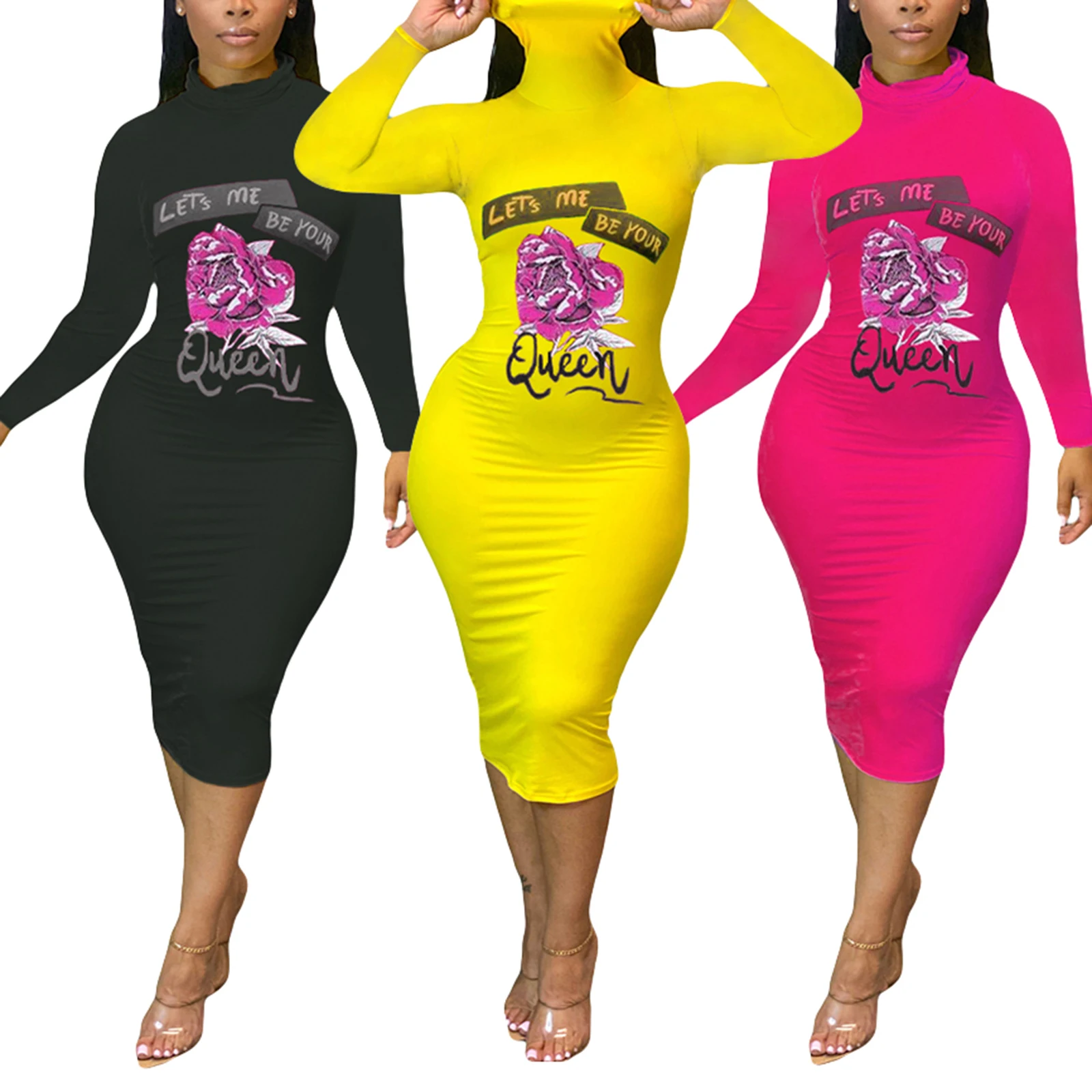 

Women Autumn Winter Bandage Floral Midi Dress Elegant long Sleeve turtleneck Bodycon Ladies Dresses Party Club Streetwear
