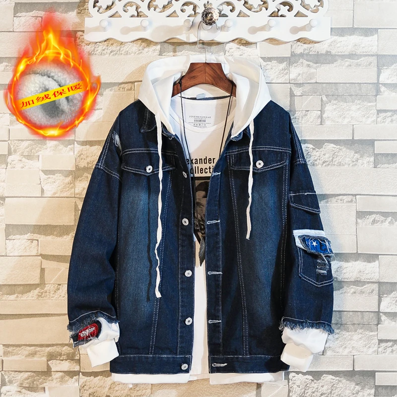 Мужские куртки весна осень имитация двух частей Лоскутная джинсовая куртка с