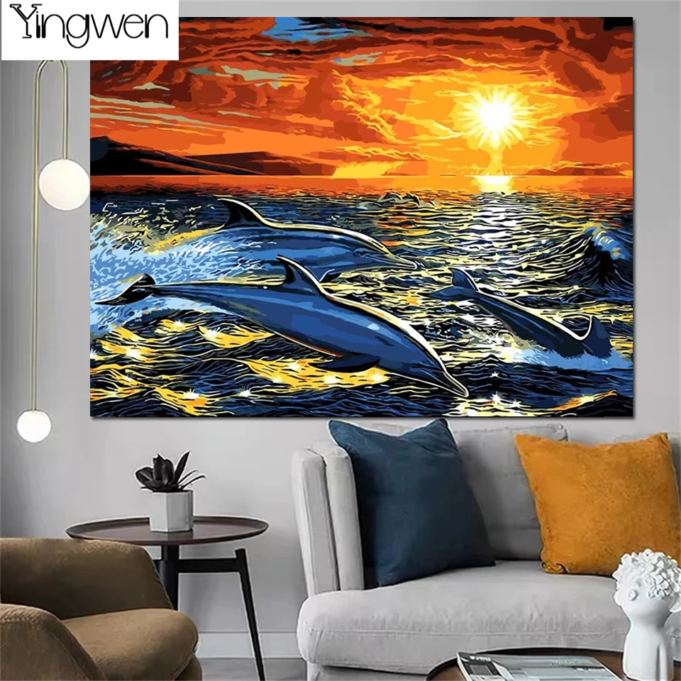 

DIY 5D Diamond Painting Dolphin Swimming Cross Stitch Kit Full Diamond Embroidery Mosaic Rhinestones Sunset Landscape Home Decor