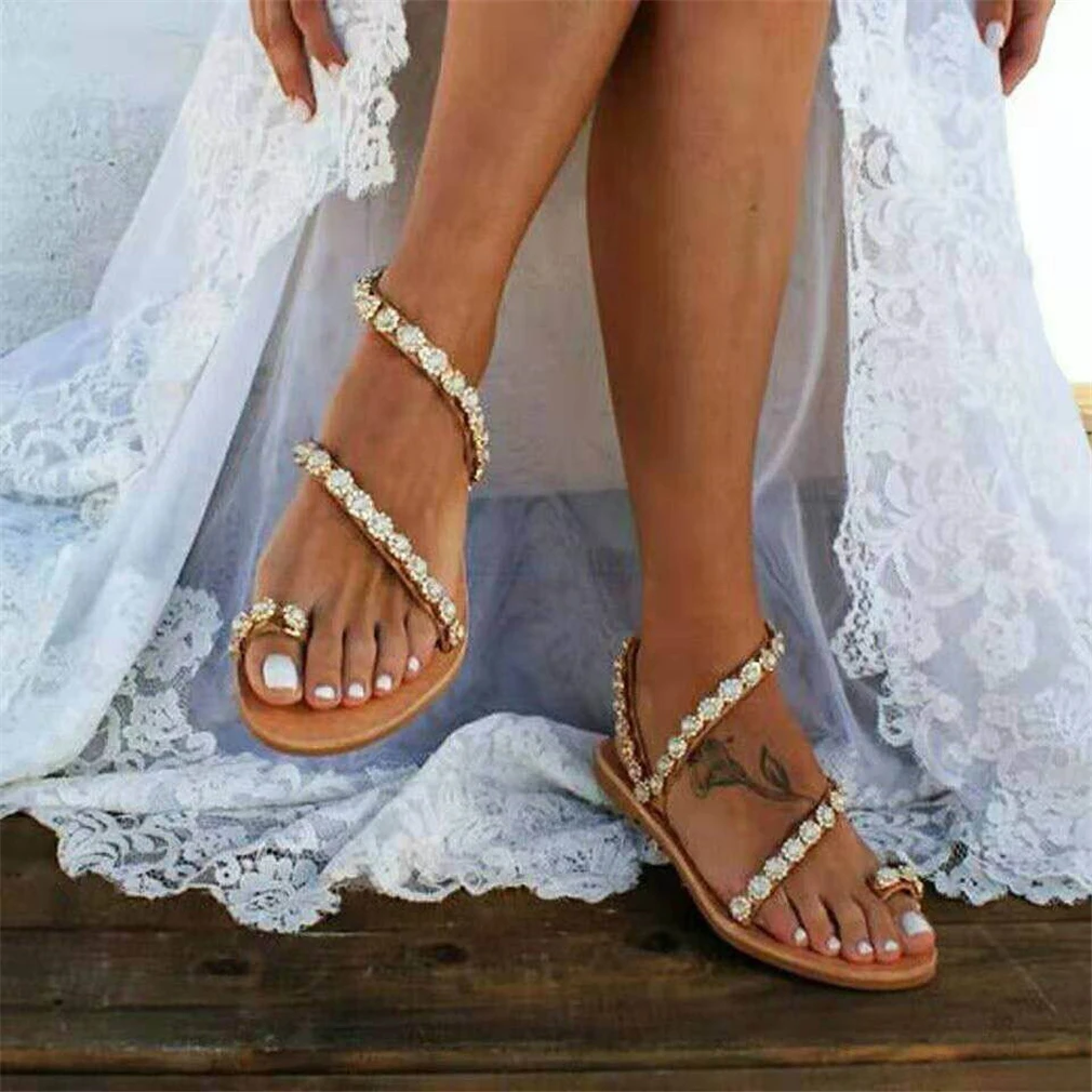 

Сандалии-гладиаторы женские, повседневная обувь в богемном стиле, свадебные туфли, шлепанцы с кристаллами, пляжные босоножки, лето 2019