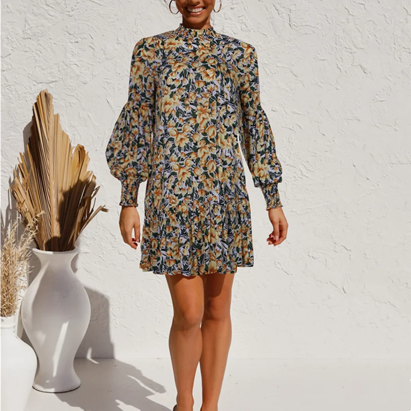 

2020 Autumnlong Lantern Sleeve Mini Dress Floral Print O Neck Ruffles Vintage Elegant Party Dress Vestidos Women Holiday Dresses