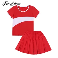 women short sleeves cheerleading uniforms color block patchwork sport t shirt and skirt set sportswear cheerleaders suit costume