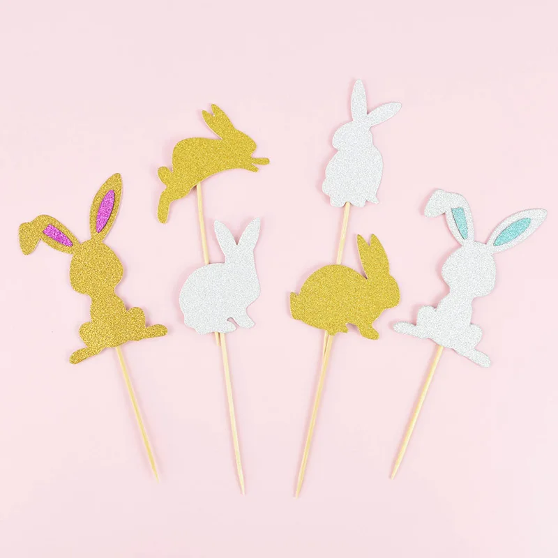 

1Set Gold Silver Glitter Easter Rabbit Cake Topper Cute Bunny Cupcake Topper For Easter Birthday Party Easter Decoration