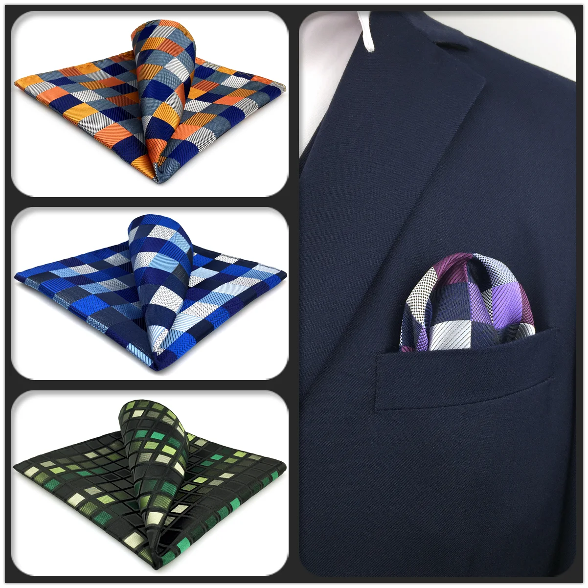 

Checkes Mens Pocket Square Purple Multicolor Silk Classic Handkerchief Polka Dots Wedding Fashion