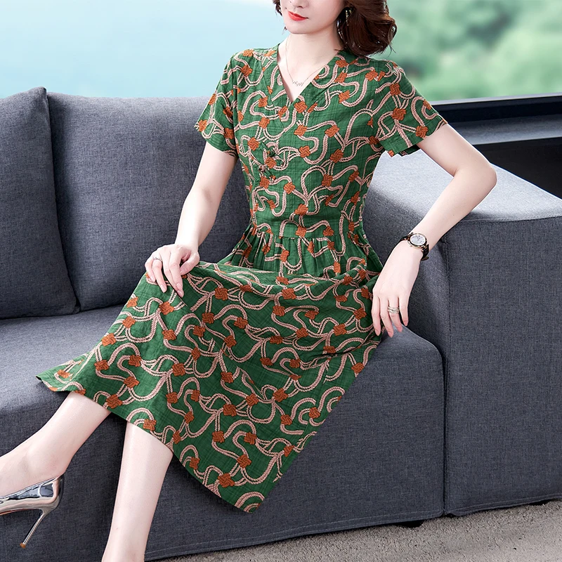 COIGARSAM Cotton Linen Women dress New Spring Dresses Green 1309 | Женская одежда