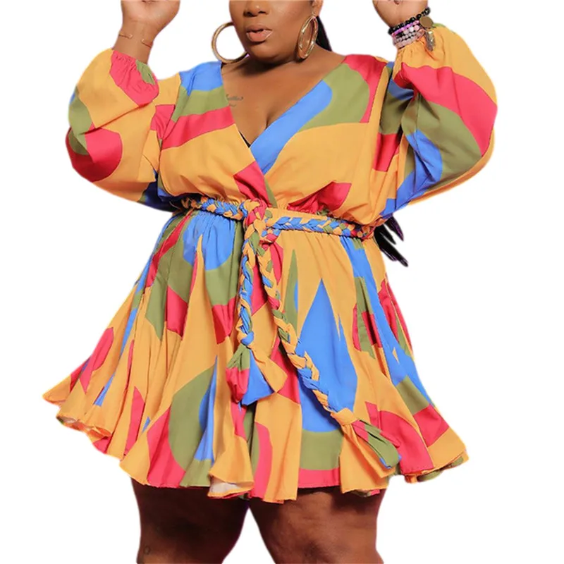 

S-5XL Female Dress Floral Print V-Neck Long Sleeve One-Piece Dress with Waist Belt for Spring Fall Summer Sexy Striped Dresses