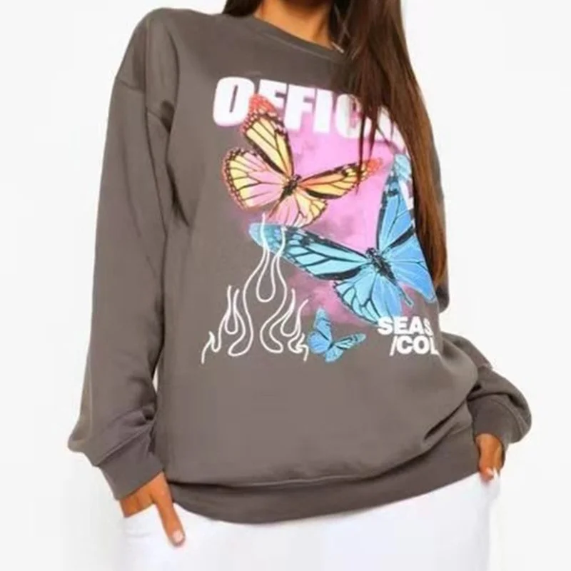 

Dark Gray American Vintage Butterfly Graphic Sweatshirt Women Hip Hop Streetwear Oversized Pullover 2021 Autumn New Fashion Goth