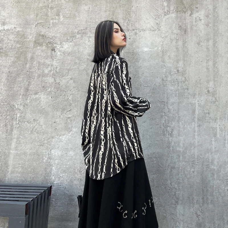 

[EAM] Women Printed Striped Black Big Size Long Blouse New Lapel Long Sleeve Loose Shirt Fashion Spring Autumn 2021 1DD5215