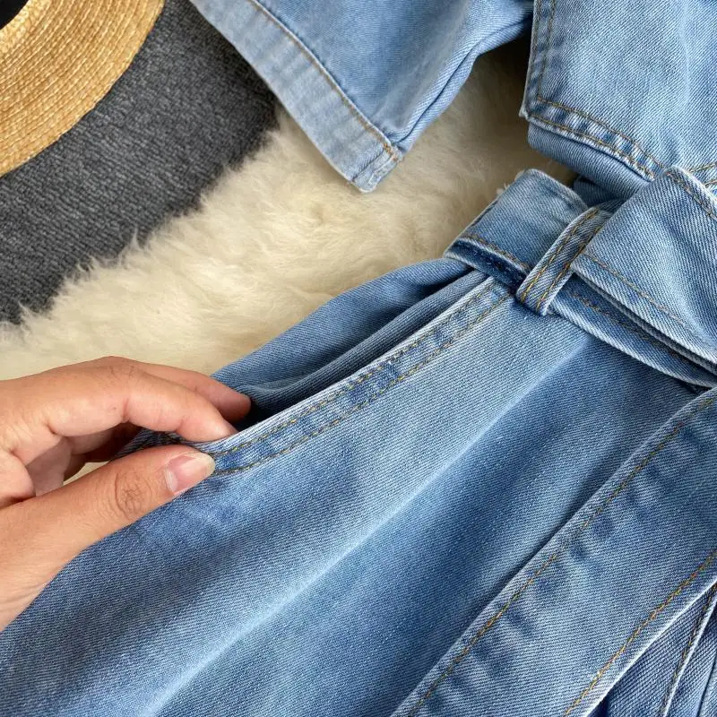 

2020 summer women vintage blue denim playsuits short sleeve rompers ladies casual chic jeans jumpsuits with sashes