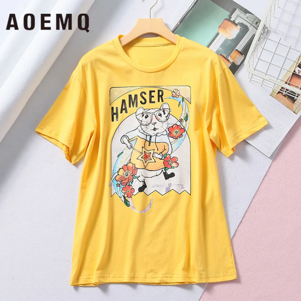 AOEMQ 5 Colors T-shirts Cartoon Animal Mouse Pattern Casual Breathable Cotton Sweat Women Summer Clothing | Женская одежда