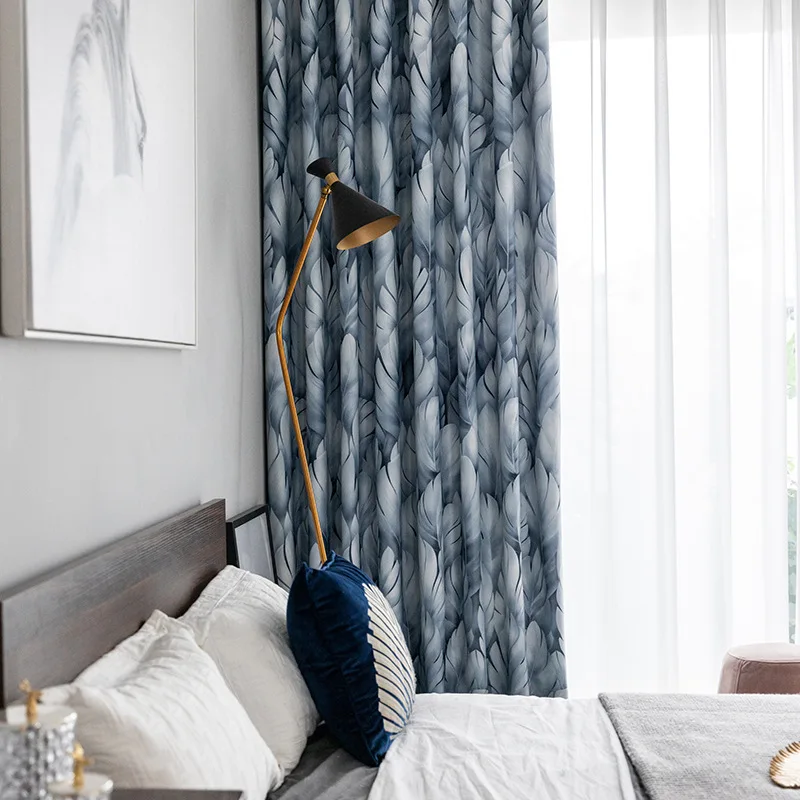 Современные Синие Серые затемненные шторы BIGMUM с принтом листьев для гостиной