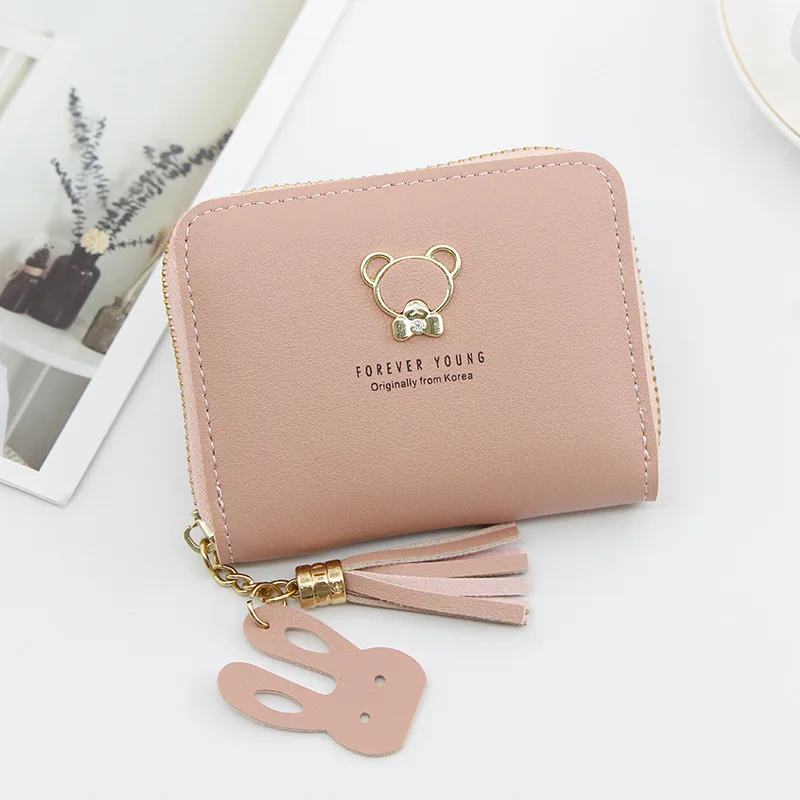 Pink Женский кошелек милый медведь на молнии Мини кошельки Короткие цепи с кисточками женские кошельки и визитницы животный узор Студенческая Монета Сумка - Color: Pink