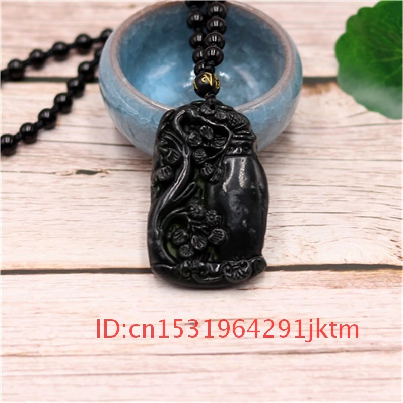 Obsidian Plum Carved Pendant Charm Amulet Vase Green Natural Men Black Jade Blossom Jewelry Gifts Necklace for Chinese | Украшения и